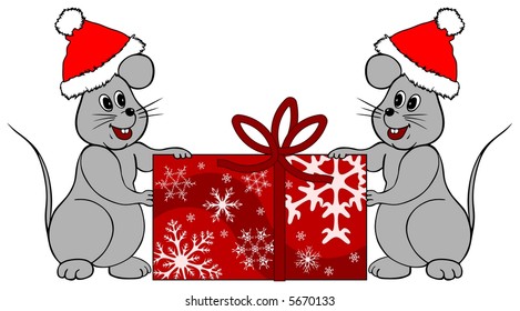 Two mice holding a Christmas gift