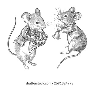 Zwei Mäuse in Jacken spielen Horn und Glocke. Vektorgrafik.