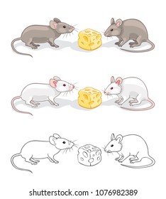 Two mice with a piece of cheese (grey, white, lineart). Vector illustration. EPS8