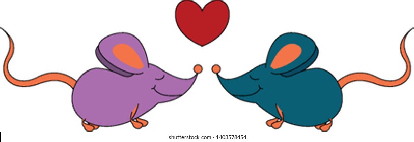 Two mice in purple and blue colors have pointed snouts, large ears, long tail, and eyes closed while facing each other, and centered with a red heart, vector, color drawing or illustration.
