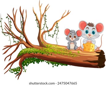 Two mice sitting on a fallen tree