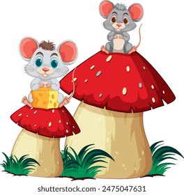 Two mice sitting on red mushrooms