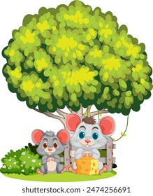 Two mice sitting under a tree