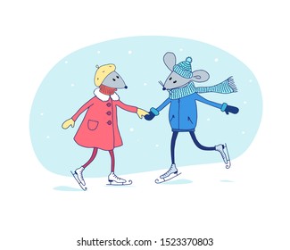 Сard with two mice in skates. Vector illustration for Christmas cards, posters, gift tags.
