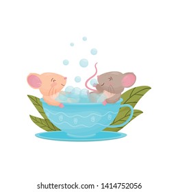 Two mice swimming in a mug. Vector illustration on white background.