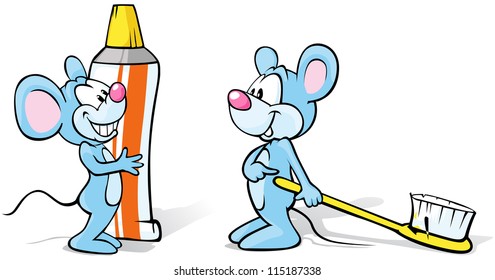 two mice with toothpaste and toothbrush illustration