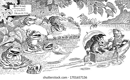Two mice with umbrella in boat in the water, frogs jumping in the water, bird in background, vintage line drawing or engraving illustration