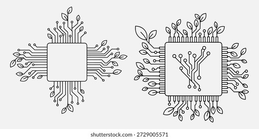 Dos ilustraciones de microchip con hojas y placas de circuito, que simbolizan la tecnología y la innovación respetuosas con el medio ambiente.