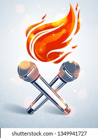 Two microphones crossed on fire, hot mic in flames, rap battle rhymes music, karaoke singing, vector logo or illustration, concert festival or night club label, t-shirt print.