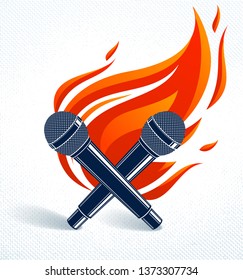 Two microphones crossed on fire, hot mic in flames, rap battle rhymes music, karaoke singing, vector logo or illustration, concert festival or night club label, t-shirt print.