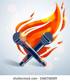 Two microphones crossed on fire, hot mic in flames, rap battle rhymes music, karaoke singing, vector logo or illustration, concert festival or night club label, t-shirt print.