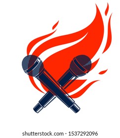 Two microphones crossed on fire, hot mic in flames, rap battle rhymes music, karaoke singing, vector logo or illustration, concert festival or night club label, t-shirt print.