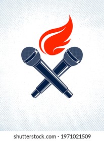 Two microphones crossed on fire, hot mic in flames, rap battle rhymes music, karaoke singing, vector logo or illustration, concert festival or night club label, t-shirt print.