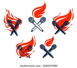 Two microphones crossed on fire, hot mic in flames, rap battle rhymes music, karaoke singing, vector logos or illustrations set, concert festival or night club labels, t-shirt prints.