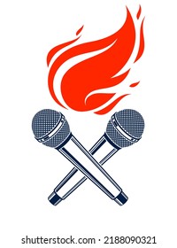 Two microphones crossed on fire, hot mic in flames, rap battle rhymes music, karaoke singing, vector logo or illustration, concert festival or night club label, t-shirt print.