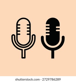 Dos micrófonos están uno al lado del otro en un diseño minimalista con siluetas negras elegantes con detalles intrincados sobre un fondo beige suave perfecto para la transmisión de podcasts o temas musicales