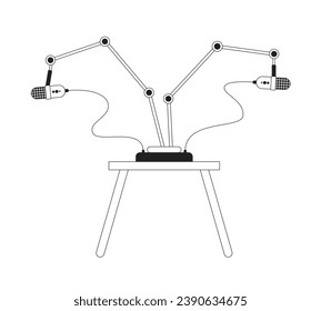 Two microphones stands on coffee table black and white 2D cartoon object. Broadcast technology isolated vector outline item. Podcasting studio. Mic stand desk monochromatic flat spot illustration