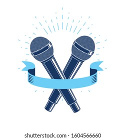 Two microphones vector logo or emblem isolated on white, MC rapper or rap battle concept, stand up comic or radio, blogger.