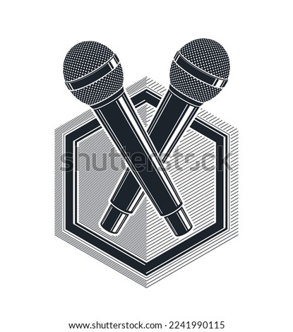 Two microphones vector logo or emblem isolated on white, MC rapper or rap battle concept, stand up comic or radio, blogger.