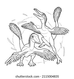 Two microraptors isolated on a white background. Prehistoric world of dinosaurs. Vector line graphics for coloring books