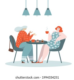 Two middle aged women chatting and drinking coffee at the table in cafe or restaurant. Vector illustration, trendy character design. concept for happy active elderly ladies enjoying their friendship.