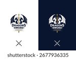 Two Middle Ages Medieval Mythical Dragons with Crusader Knightly Sword for Kingdom Crest or Vintage Strategy Game Clan Realm Badge Emblem logo design