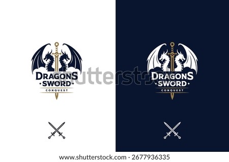 Two Middle Ages Medieval Mythical Dragons with Crusader Knightly Sword for Kingdom Crest or Vintage Strategy Game Clan Realm Badge Emblem logo design