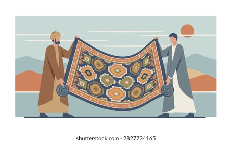 Two Middle Eastern men in traditional robes presenting a beautifully woven colorful oriental carpet outdoors.