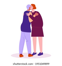 Two middle-aged women friends, colleagues greet each other with a hug and a kiss. Vector illustration in flat cartoon style. Isolated on a white background.