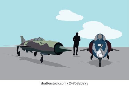 Two military plane on the ground with black shadow of a person.