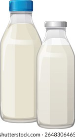 Two milk bottles with blue and silver caps, rendered in a realistic vector style with detailed reflections and shading