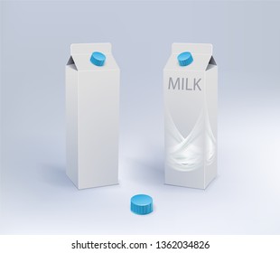 Two Milk Carton Packages Blank White .Milk splash background. Concept business illustration. Vector illustration graphic. Product packaging. Paper package. Illustration isolated white background. 