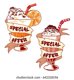 Two milkshakes in scrolls. Best milk cocktail or special offer. Vector template banners isolated on a white background.