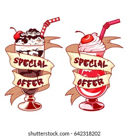 Two milkshakes in scrolls. Best milk cocktail or special offer. Vector template banners isolated on a white background.