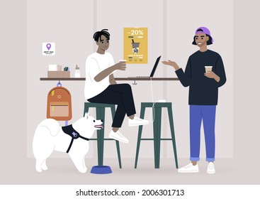 Two millennials chatting at the coffee shop bar counter, a dog-friendly place