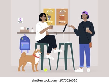 Two millennials chatting at the coffee shop bar counter, a dog-friendly place, modern lifestyle