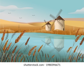 
Two mills in a wheat field. Rye grows by the pond