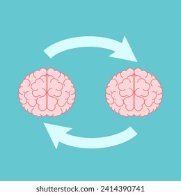 Dos mentes intercambiando opiniones. Comunicación, pensamientos, influencia mutua, discusión, idea, trabajo en equipo y concepto de trasplante cerebral. Diseño plano. Ilustración vectorial EPS 8, sin transparencia, sin gradientes