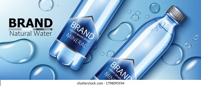 Two mineral natural water bottles with place for text laying on a surface with water drops. Product placement. 3D mock-up. Vector realistic