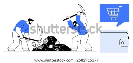 Two miners breaking rocks with pickaxes, extracting coins. Blue icons of shopping cart inside speech bubble and wallet with button clasp. Ideal for finance, digital currency, e-commerce, investments