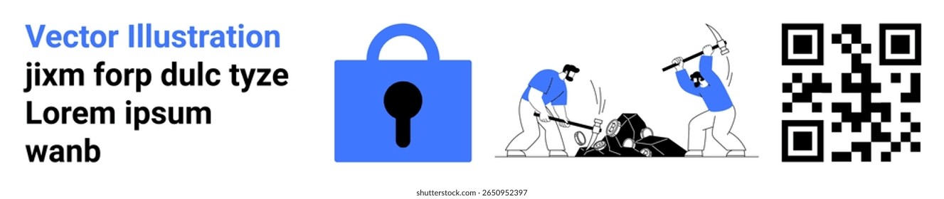 Two miners excavating data, a blue padlock symbol, text passages, and a QR code. Ideal for cybersecurity, data protection, digital security, online privacy, software development, technology
