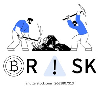 Two miners extracting bitcoins from rocks with pickaxes, accompanied by a RISK warning sign. Ideal for cryptocurrency, investment, finance, technology, cybersecurity, risk management, digital
