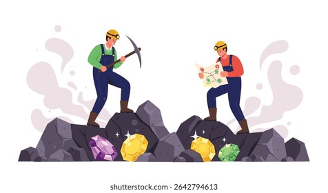 Two Miners With Pickaxe and Map Searching for Gemstones on the Rocks