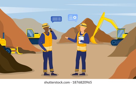 Two miners are working in quarry. Engineers using radio and clipboard controlling professional equipment. Working on coal mine extraction industry. Flat cartoon vector illustration