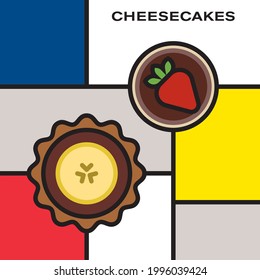 Dos pastelitos de queso de fruta. Pastel de queso de fresa de chocolate. Pastel de queso banana de chocolate. Arte de estilo moderno con bloques de colores rectangulares.