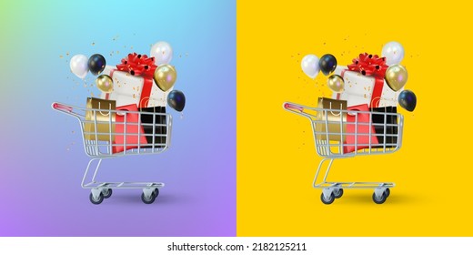 Two miniature shopping carts with gift and shopping bags on dual color background, Realistic of shopping trolley. Vector Illustration. Concept of discount. Isolated on green background.