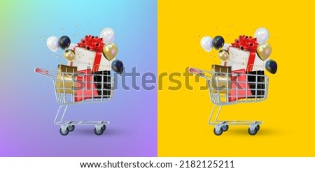 Two miniature shopping carts with gift and shopping bags on dual color background, Realistic of shopping trolley. Vector Illustration. Concept of discount. Isolated on green background.