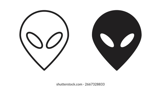 Dos iconos de cabeza alienígena minimalista, uno negro y otro contorno, aislados en blanco. Perfecto para Sitios web, App o presentaciones.