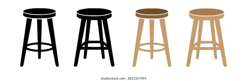 Two minimalist black bar stools alongside two natural wood stools ideal for interior design concepts and hospitality settings.