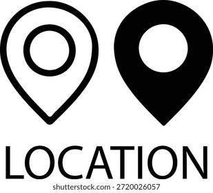 Dois ícones de pino de localização minimalista preto, um contornado e um sólido, com a palavra "LOCATION" destacadamente exibida abaixo deles, representando a navegação e os pontos geográficos.